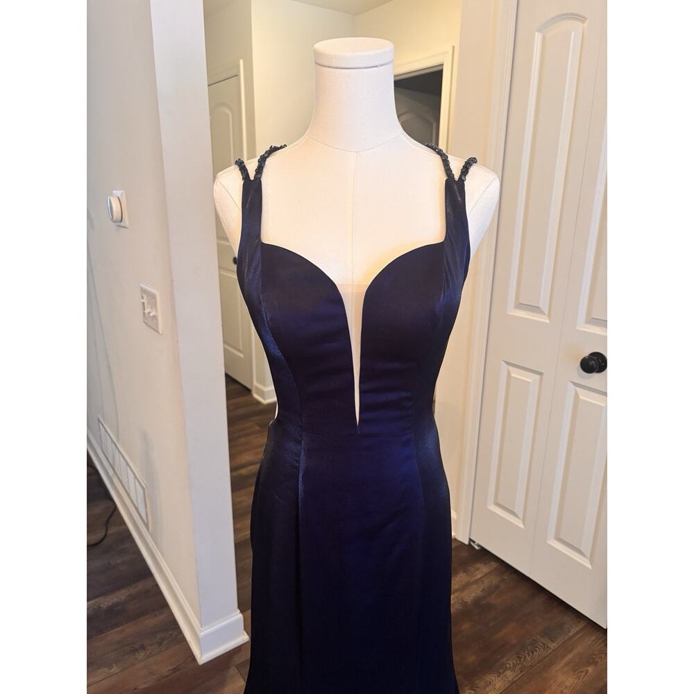 La Femme Y2K Blue Mermaid Flair Evening Gown Formal Prom Dress Illusion Plunge 6 - Picture 3 of 12